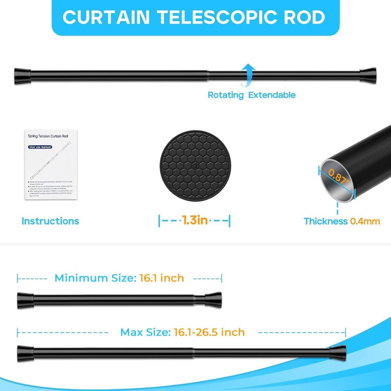 MEXAU Black Small Tension Curtain Rod 16 to 26 Inch,7/8" inch Adjustable Short Curtain Rod No Drilling,Spring Curtain Rod for Windows Kitchen Closet Doorway - Image 2